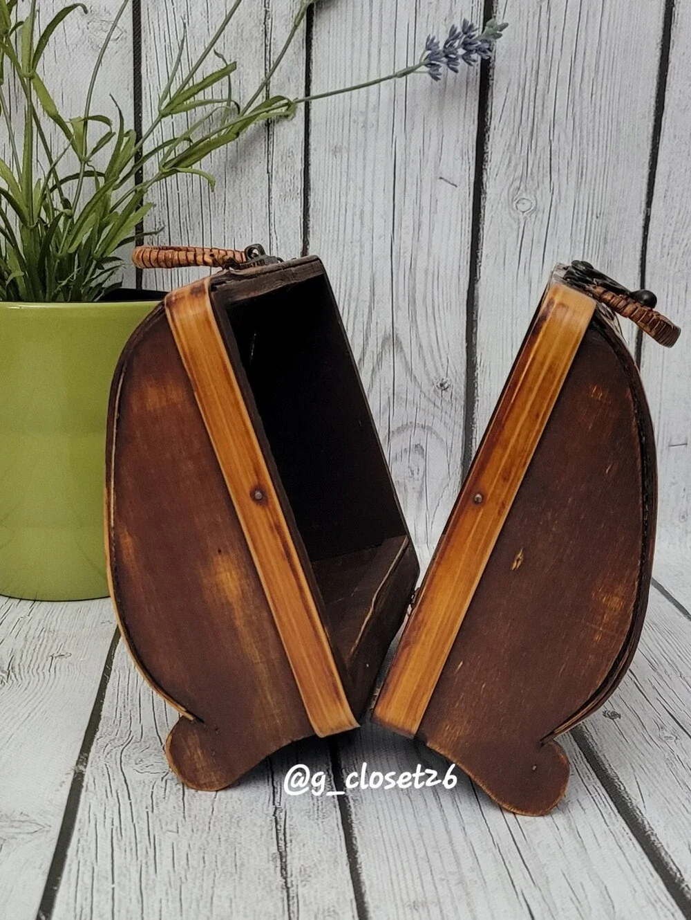 Woven Bamboo Box Purse with Handle - Natural & Silver Metal Accents